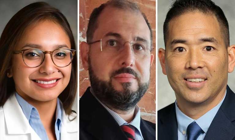 Headshots of Diana Espinoza Barrera, MD; Luca Bertolaccini, MD, PhD, FCCP; Jeffrey B. Velotta, MD, FACS