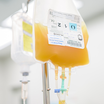 A bag of platelets hangs for a transfusion